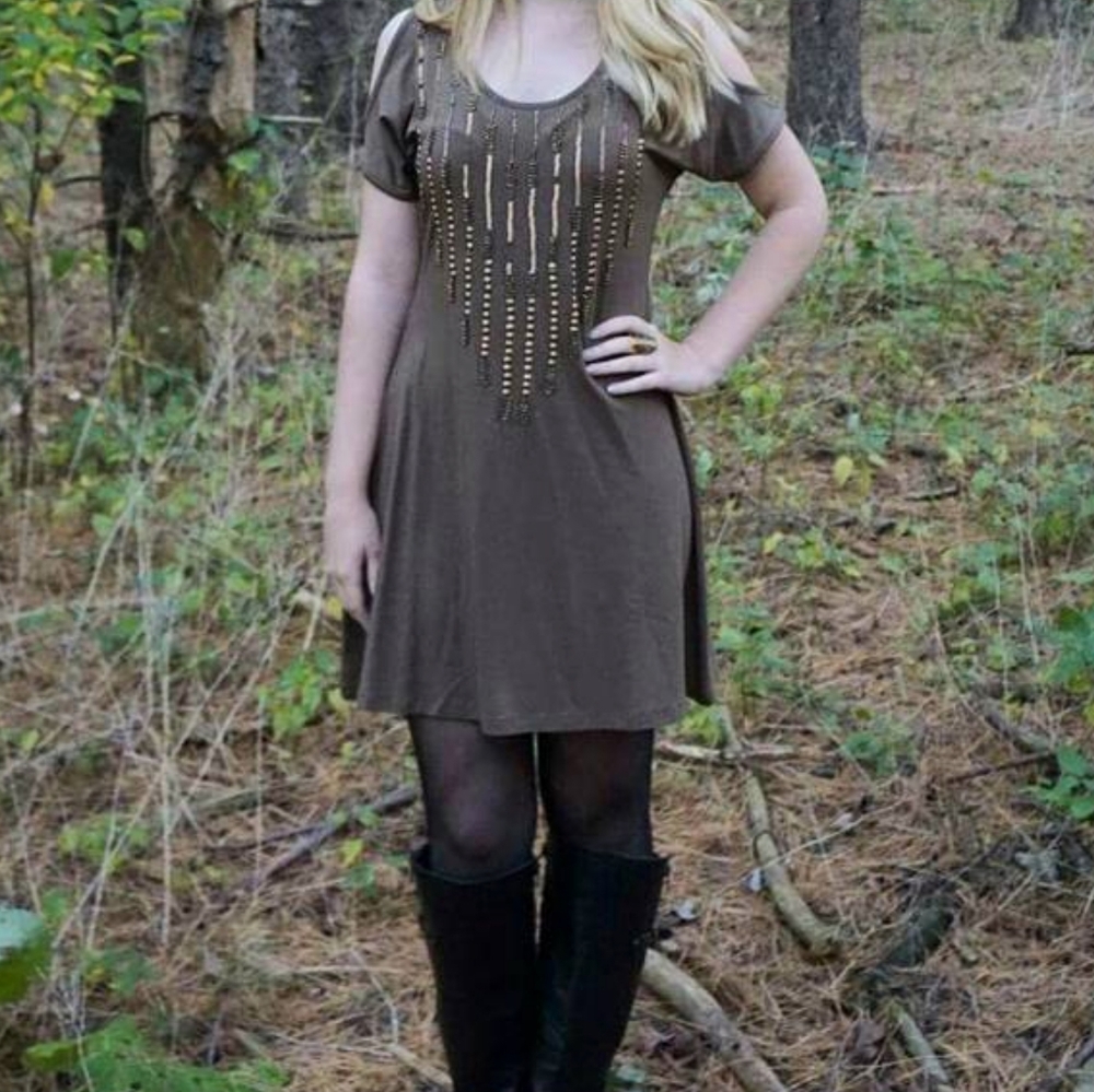 Boho Beaded Cold Shoulder Dress